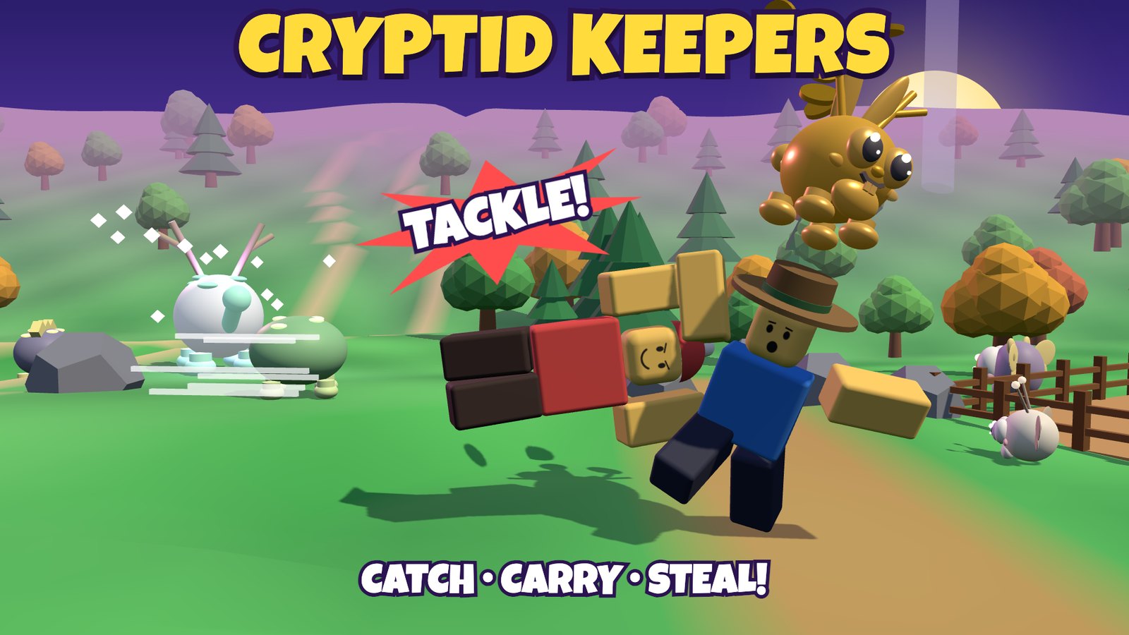 Cryptid Keepers: a keeper dives to tackle another and knock a Golden Jackalope off their head